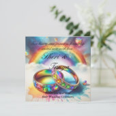 Gay Lesbian Rainbow Rings Wedding Einladung (Stehend Vorderseite)
