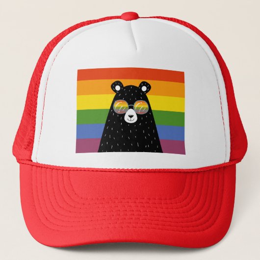 Gay LGBT Rainbow Pride Bear in Brille Truckerkappe (Vorderseite)