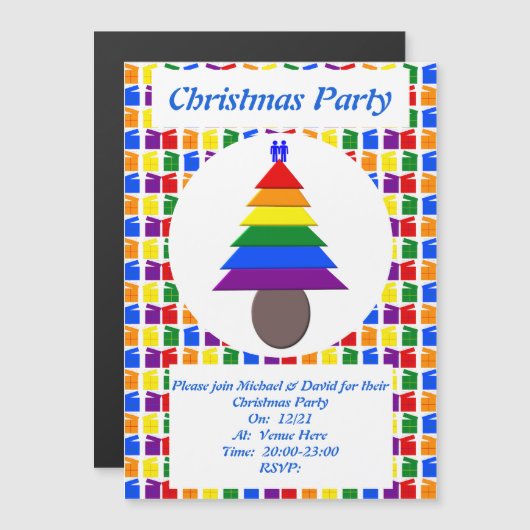 Gay Men Rainbow Christmas Tree und präsentiert Cus Magneteinladung (Vorne/Hinten)