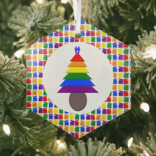 Gay Men Rainbow Christmas Tree und Presents Ornament Aus Glas
