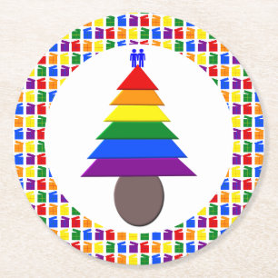 Gay Men Rainbow Christmas Tree und Presents Runder Pappuntersetzer