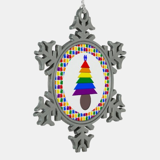 Gay Men Rainbow Christmas Tree und Presents Schneeflocken Zinn-Ornament (Links)