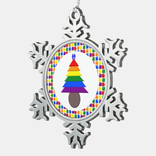 Gay Men Rainbow Christmas Tree und Presents Schneeflocken Zinn-Ornament (Rechts)