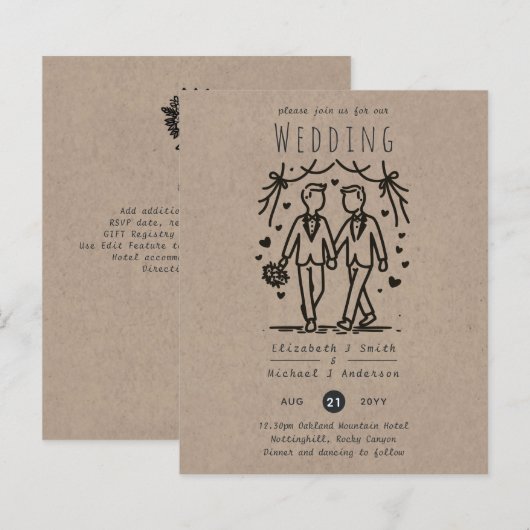 Gay Men Wedding Cartoon Grooms Fun Handgezeichnet (Vorne/Hinten)