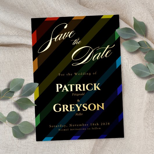 Gay Men Wedding Elegant Rainbow Gold Save-the-Date Folieneinladung