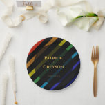 Gay Men Wedding Elegant Rainbow Pappteller<br><div class="desc">Celebrate your love with the Gay Men Wedding Elegant Rainbow collection — a complete suite of coordinating stationery and accessories designed for two grooms. Bold diagonal Progress Pride stripes on sophisticated black, with gold typography throughout. Every piece in this suite is fully customizable with your names, date, and wedding details....</div>