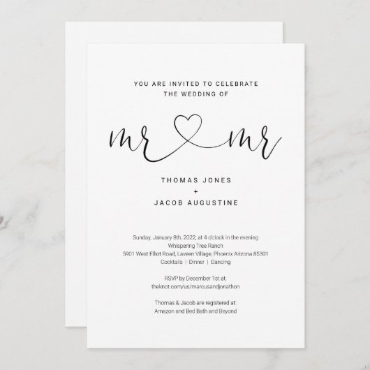 Gay Mr & Mr. All in One Wedding Einladung (Vorne/Hinten)