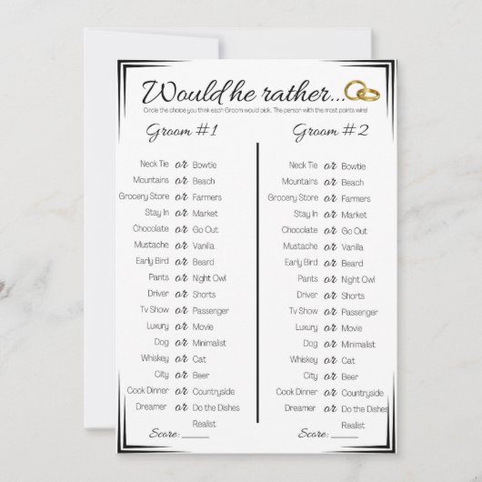 Gay Polterabend Game, würde er lieber Einladung (Vorderseite)