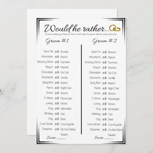 Gay Polterabend Game, würde er lieber Einladung (Vorne/Hinten)