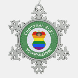 Gay Pride Braune Haut Engel Weihnachtsflagge Perso Schneeflocken Zinn-Ornament