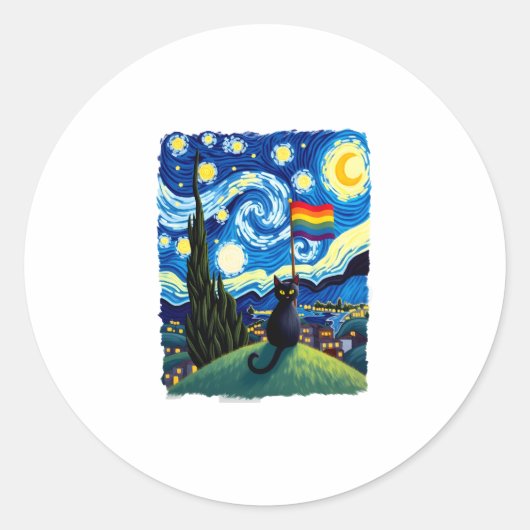 Gay Pride Cat Art Cat Starry Night Style LGBTQ Pri Runder Aufkleber (Vorderseite)