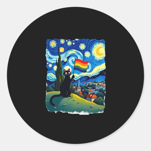 Gay Pride Cat Art Cat Starry Night Style LGBTQ Pri Runder Aufkleber (Vorderseite)