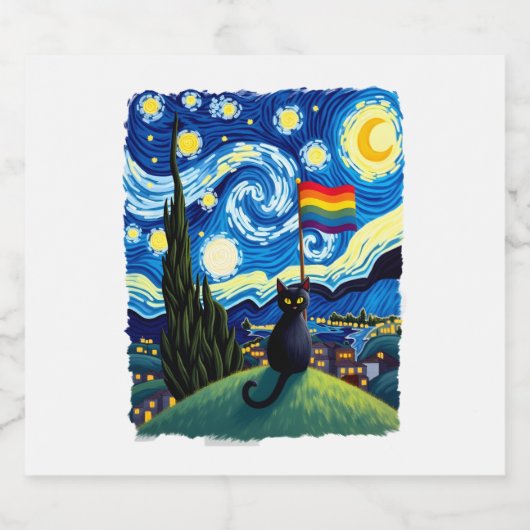 Gay Pride Cat Art Cat Starry Night Style LGBTQ Pri Schaumweinetikett (Einzelnes Label)