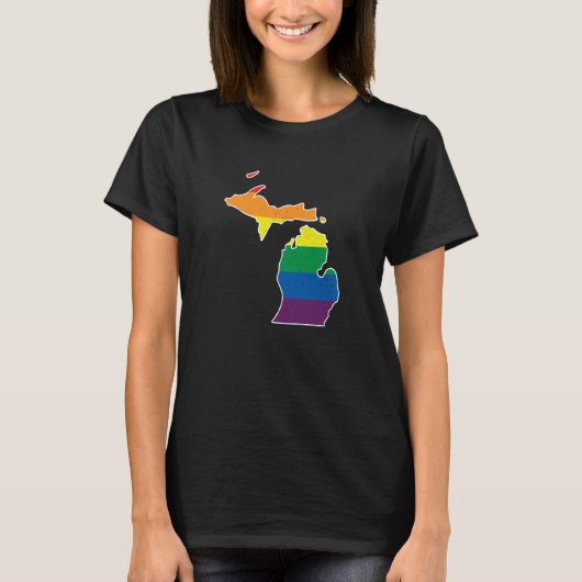 Gay Pride Flag Michigan State Map Rainbow Stripes T-Shirt (Vorderseite)