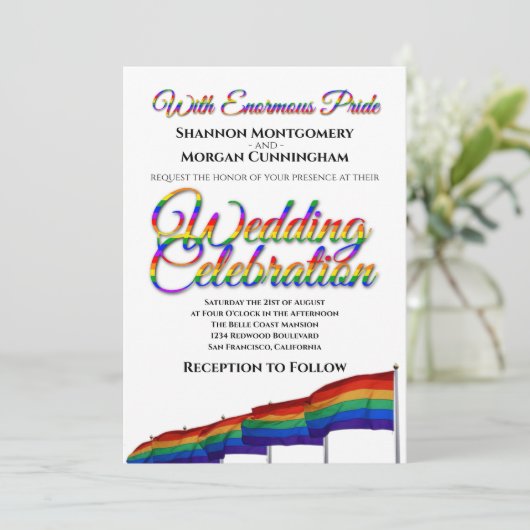 Gay Pride Rainbow Wedding Einladung (Stehend Vorderseite)