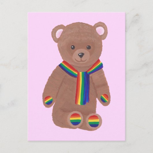 Gay Pride Teddy Bear, Rainbow Scarf Paws Postkarte (Vorderseite)