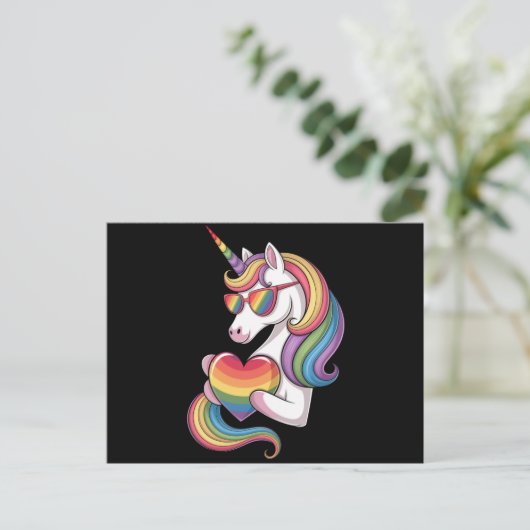 Gay Pride Unicorn Herzenragenbogen Flag LGBT Postkarte (Stehend Vorderseite)