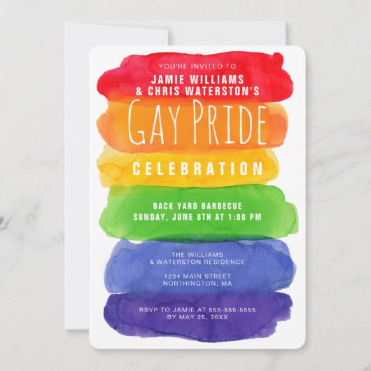Gay Pride Wasserfarben Rainbow Einladung (Vorderseite)
