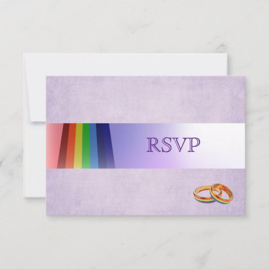 Gay Rainbow and Rings Wedding RSVP Karte (Vorderseite)
