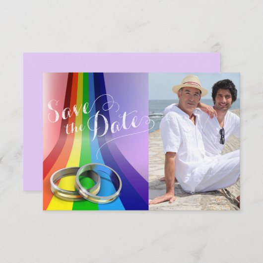 Gay Rainbow and Rings Wedding Save the Date (Vorne/Hinten)