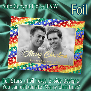 Gay Rainbow Flag Gold Star Elegant Schwarz und Wei Folien Feiertagskarte