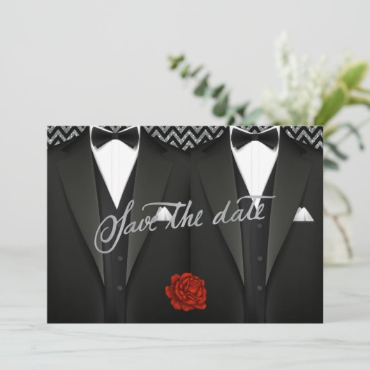 Gay Save the Date mit Tuxedo (Stehend Vorderseite)