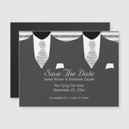 Gay Save the Date Wedding, Mr. Grey Anzug Krawatte Magneteinladung (Vorne/Hinten)