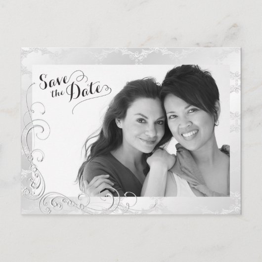 Gay Silver Damask Wedding Foto Save the Date Ankündigungspostkarte (Vorderseite)