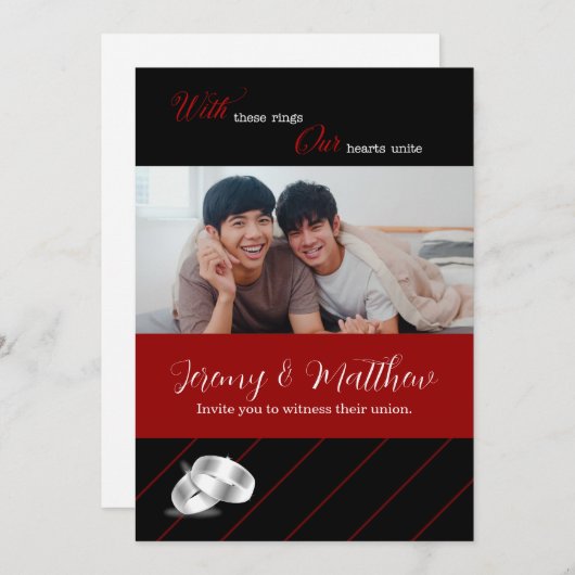 Gay Wedding Black and Burgund Foto Wedding Einladung (Vorne/Hinten)