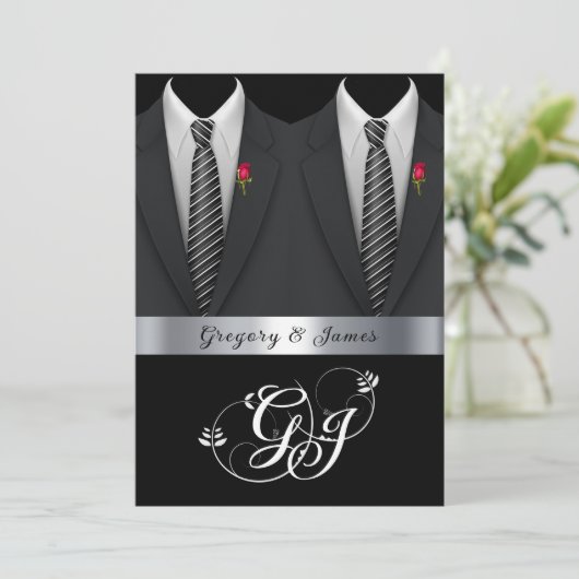 Gay Wedding Black Tuxedos Rote Rosen Einladung (Stehend Vorderseite)