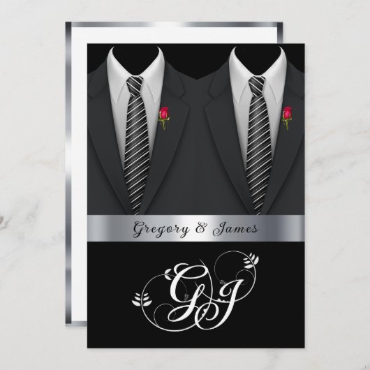 Gay Wedding Black Tuxedos Rote Rosen Einladung (Vorne/Hinten)