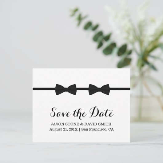 Gay Wedding Bow Krawatte Save the Date Minimalisti Ankündigungspostkarte (Stehend Vorderseite)