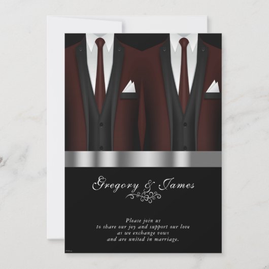 Gay Wedding Burgundy Tuxedo Silver Black Einladung (Vorderseite)