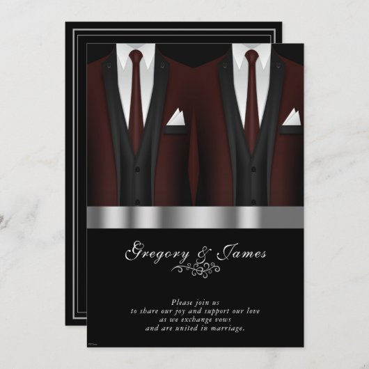 Gay Wedding Burgundy Tuxedo Silver Black Einladung (Vorne/Hinten)