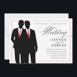 Gay Wedding Einladung zwei Grooms Silhouetten Rot<br><div class="desc">Individuelle Variation pro Kundenwunsch mit roten, geraden Krawatte anstelle von schwarzen Bogen-Krawatte. Für das eloquente Schwulenpaar: Zwei coole Bräuche in Schwarz-Weiß-Silhouette gepaart mit elegantem Drehbuch zu dieser schwulen Hochzeitseinladung (mit roten Akzenten). Bitte kontaktieren Sie mich für benutzerdefinierte Bearbeitungen wie das Ändern einer Silhouette oder wenn Sie Fragen haben. Danke, dass...</div>