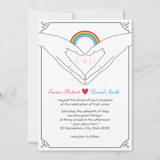 Gay Wedding Elegante Hand Heart & Rainbow Einladung (Vorderseite)