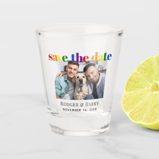 Gay Wedding Foto Save the Date Schnapsglas (Vorderseite)