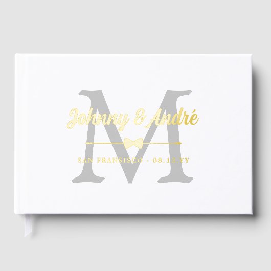Gay Wedding Gold Bowtie Monogram Gästebuch (Vorderseite)