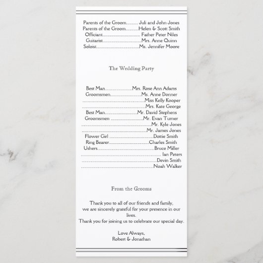 Gay Wedding Program für Top Hats und Bow Krawatte Programm (Rückseite)