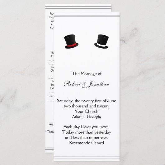 Gay Wedding Program für Top Hats und Bow Krawatte Programm (Vorne/Hinten)