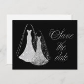 Gay Wedding Save the Date in Black and Imitats Sil Ankündigungspostkarte (Vorne/Hinten)