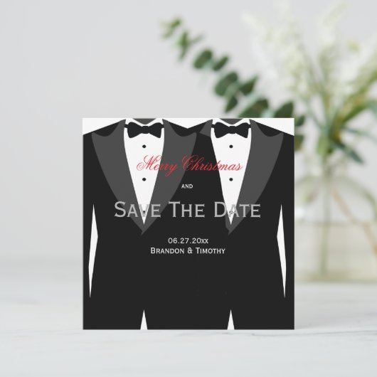 Gay Wedding Save the Date Weihnachtskarten Rot (Stehend Vorderseite)