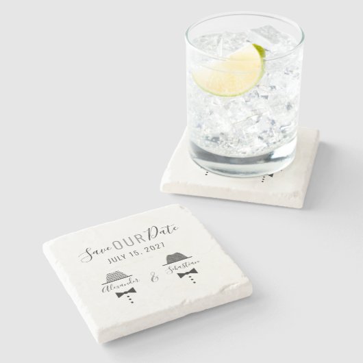 Gay Wedding speichern das Datum der Einladung Steinuntersetzer (Seitenansicht)