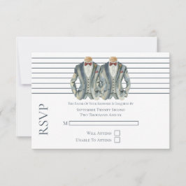 Gay Wedding Two Grooms in Anzügen und Bow Krawatte RSVP Karte