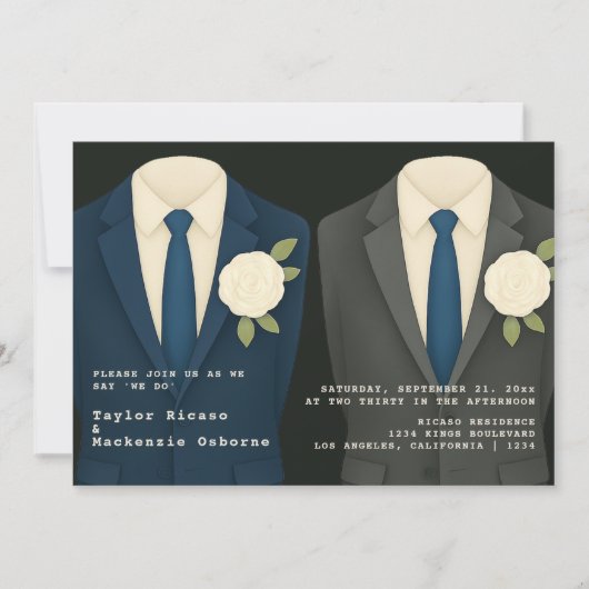 Gay Wedding Two Grooms in Anzügen und Krawatte Einladung (Vorderseite)