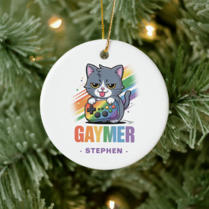 Gaymer - Rainbow Gaming Cat mit Konsole LGBTQ 2 Keramik Ornament