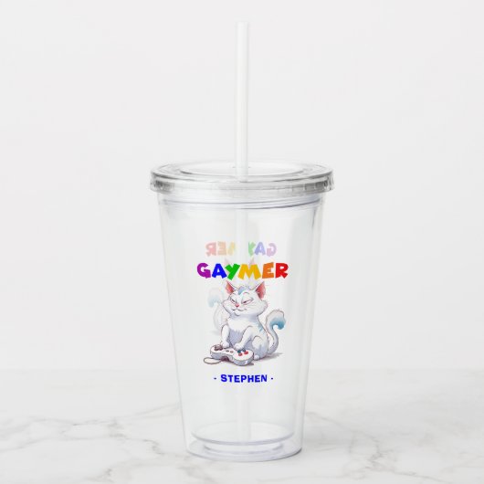 Gaymer - Rainbow Gaming Cat mit Konsole | LGBTQ Acryltrinkbecher (Vorderseite)