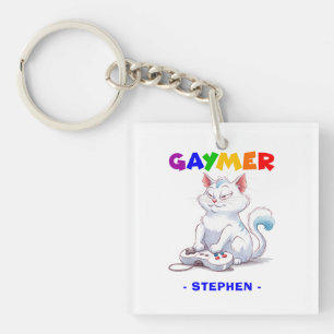 Gaymer - Rainbow Gaming Cat mit Konsole   LGBTQ Schlüsselanhänger