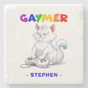 Gaymer - Rainbow Gaming Cat mit Konsole   LGBTQ Steinuntersetzer