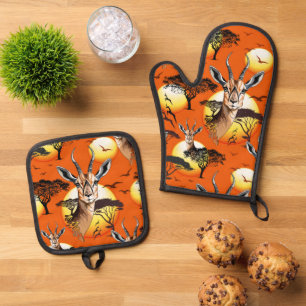Gazelle African Antelope Wild Animal Ofenhandschuh & Topflappen-Set